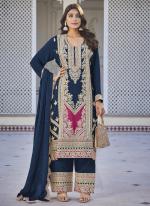 Pure Chinnon Navy Blue Wedding Wear Embroidery Work Readymade Palazzo Suit