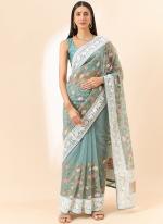 Organza Blue Traditional Wear Embroidery Work Saree