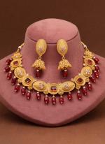   Bridal Wear  Maroon Color Matte Gold Rajwadi Temple Necklace Set 