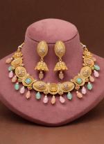   Bridal Wear  Multi Color Matte Gold Rajwadi Temple Necklace Set 