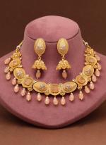   Bridal Wear  Peach Color Matte Gold Rajwadi Temple Necklace Set 