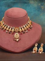   Bridal Wear  Rani & Green Color Matte Gold Rajwadi Temple Necklace Set 