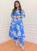 Cotton Flex Bright Sky Blue Festival Wear Wooden Buttons Readymade Kurti With Dhoti Pant