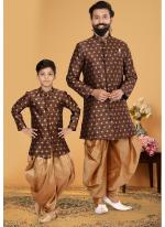 Jacquard Silk Chocolate Brown Wedding Wear Weaving Readymade Combo Set Indo Western