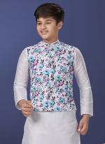 Cotton Sky Blue Wedding Wear Digital Printed Readymade Boys Waist Coat