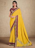 Yellow Tusser Silk Party Wear Embroidery Work Saree