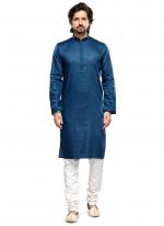 Blue Art Silk Party Wear Thread Work Readymade Mens Kurta Pajama