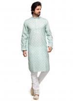 Light Green Cotton Party Wear Thread Work Readymade Mens Kurta Pajama