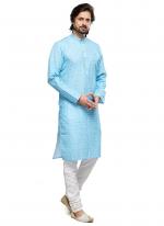 Sky Blue Cotton Party Wear Thread Work Readymade Mens Kurta Pajama