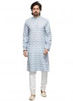 Sky Blue Cotton Party Wear Thread Work Readymade Mens Kurta Pajama