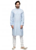 Sky Blue Cotton Party Wear Thread Work Readymade Mens Kurta Pajama