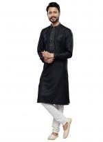 Black Art Silk Party Wear Thread Work Readymade Mens Kurta Pajama