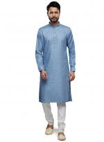 Blue Art Silk Party Wear Thread Work Readymade Mens Kurta Pajama