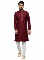 Maroon Art Silk Party Wear Thread Work Readymade Mens Kurta Pajama