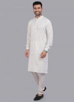 Off White Art Silk Party Wear Thread Work Readymade Mens Kurta Pajama