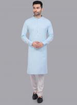 Sky Blue Art Silk Party Wear Thread Work Readymade Mens Kurta Pajama