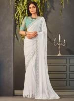 White Georgette Shimmer Stripe Party Wear Embroidery Work Saree