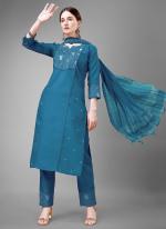 Cotton Blend Blue Casual Wear Embroidery Work Readymade Salwar Suit