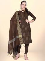 Brown Cotton Casual Wear Embroidery Work Dress Material