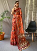 Orange Malai Cotton Party Wear Digital Printed Saree