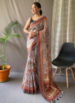 White Malai Cotton Party Wear Digital Printed Saree