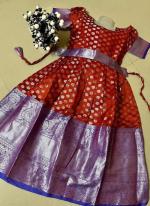 Red Soft Banarasi Traditional Wear Kanchi Border Work Kids Wear Readymade Gown With Belt