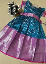 Sky Blue Soft Banarasi Traditional Wear Kanchi Border Work Kids Wear Readymade Gown With Belt