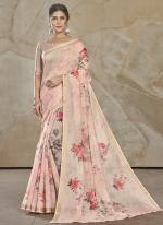 Baby Pink Chanderi Cotton Party Wear Digital Printed Saree