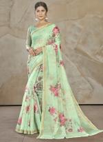Light Green Chanderi Cotton Party Wear Digital Printed Saree