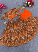 Orange Rayon Wedding Wear foil Print Readymade Kids Lehenga With Koti