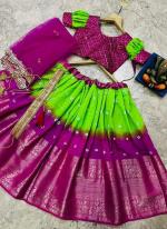 Neon Green Silk Traditional Wear Embroidery Work Readymade Kids Lehenga Choli