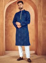 Blue Jacquard Silk Wedding Wear Weaving Readymade Kurta Pyjama