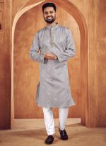 Grey Jacquard Silk Wedding Wear Weaving Readymade Kurta Pyjama