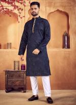 Navy Blue Jacquard Silk Wedding Wear Weaving Readymade Kurta Pyjama