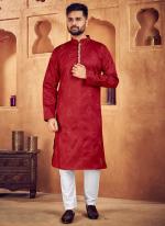 Red Jacquard Silk Wedding Wear Weaving Readymade Kurta Pyjama