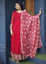 Red Faux Blooming Georgette Traditional Wear Embroidery Work Readymade Gown With Dupatta