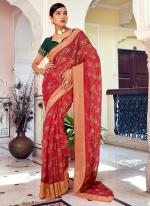 Red Doll Moss Traditional Wear Foil Print Saree