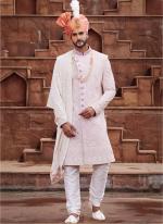 Cream Art Silk Wedding Wear Embroidery Work Readymade Mens Sherwani