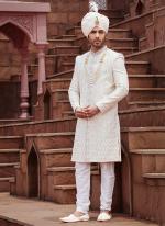 Cream Art Silk Wedding Wear Embroidery Work Readymade Mens Sherwani