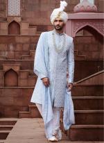 Off White Art Silk Wedding Wear Embroidery Work Readymade Mens Sherwani