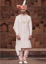 Peach Art Silk Wedding Wear Embroidery Work Readymade Mens Sherwani