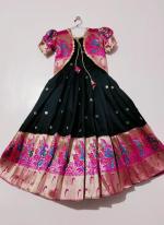 Black Pink Lichi Silk Party Wear Weaving Readymade Kids Gown With Koti