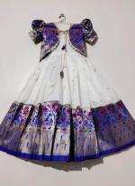 White Blue Lichi Silk Party Wear Weaving Readymade Kids Gown With Koti