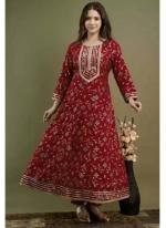 Red Rayon Traditional Wear Digital Printed Readymade Anarkali Suit