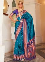 Teal Blue Paithani Silk Party Wear Zari Work Saree