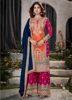 Orange Pink Premium Chinnon Wedding Wear Embroidery Work Readymade Plazzo Suit