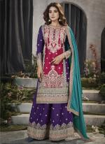 Purple Pink Premium Chinnon Wedding Wear Embroidery Work Readymade Plazzo Suit