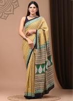 Yellow Cotton Mul Sarees Party Wear Digital Printed Saree