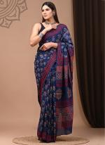 Blue Cotton Mul Sarees Party Wear Digital Printed Saree