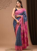 Blue Pink Cotton Mul Sarees Party Wear Digital Printed Saree